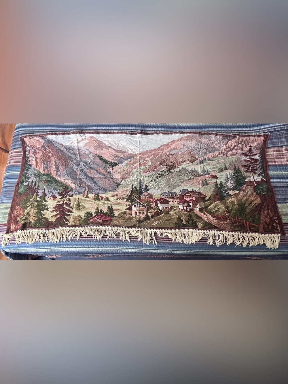 Vintage 1970s German Wall Tapestry Alpine Mountain Village Panoramic 24" x 62"